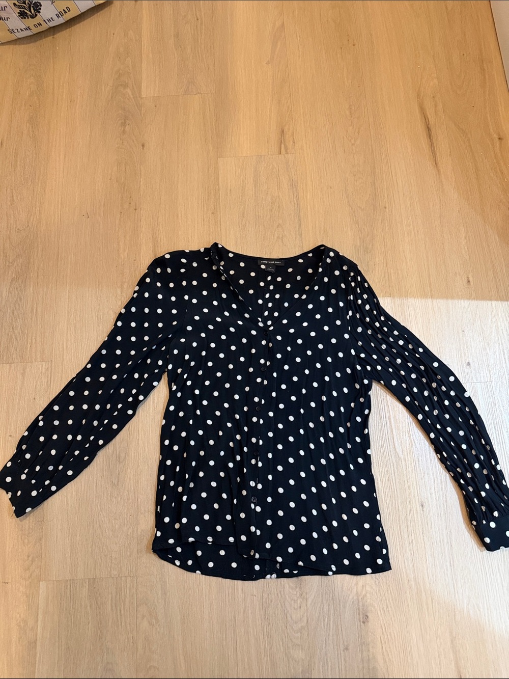 Something Navy Black Blouse with White Polka Dots